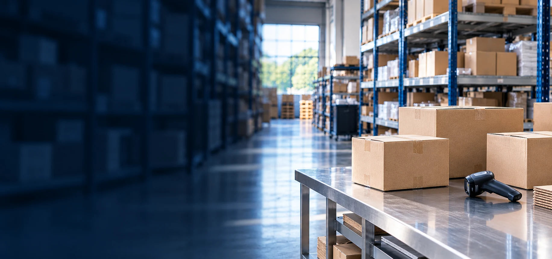 An organized warehouse and shipping workbench